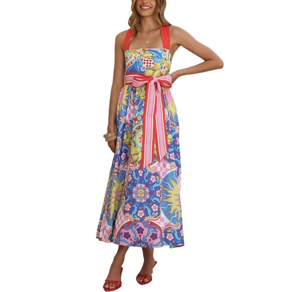 Esea Womens  Linen-Blend Midi Dress